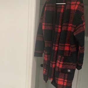 DKNY Red and Black Plaid Teddy Coatigan